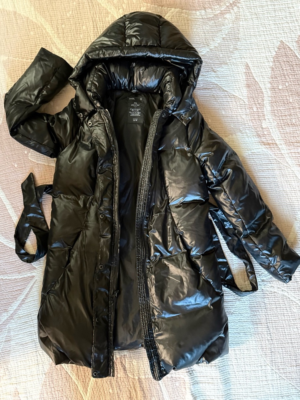 GAP 75% DOWN BLACK PUFFER JACKET WAIST TIE & DETACHABLE HOOD